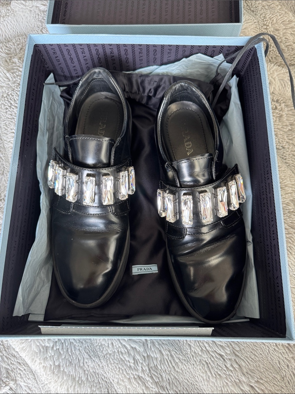 Prada Shoes Black Loafers 8 US Crystal Embellishments - Picture 7 of 7